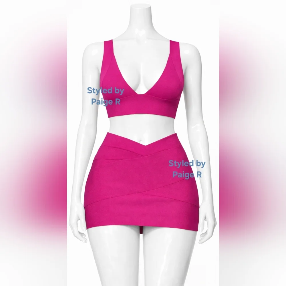⛱️NWT SKIMS 2 Piece Knit swim Skirt plunge bikini top Set Pink MAGENTA 4X